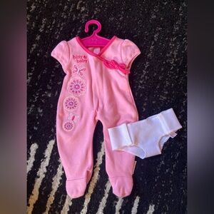 American Girl Doll Bitty Baby Pajamas One Piece Sleeper Embroidered Outfit Pink
